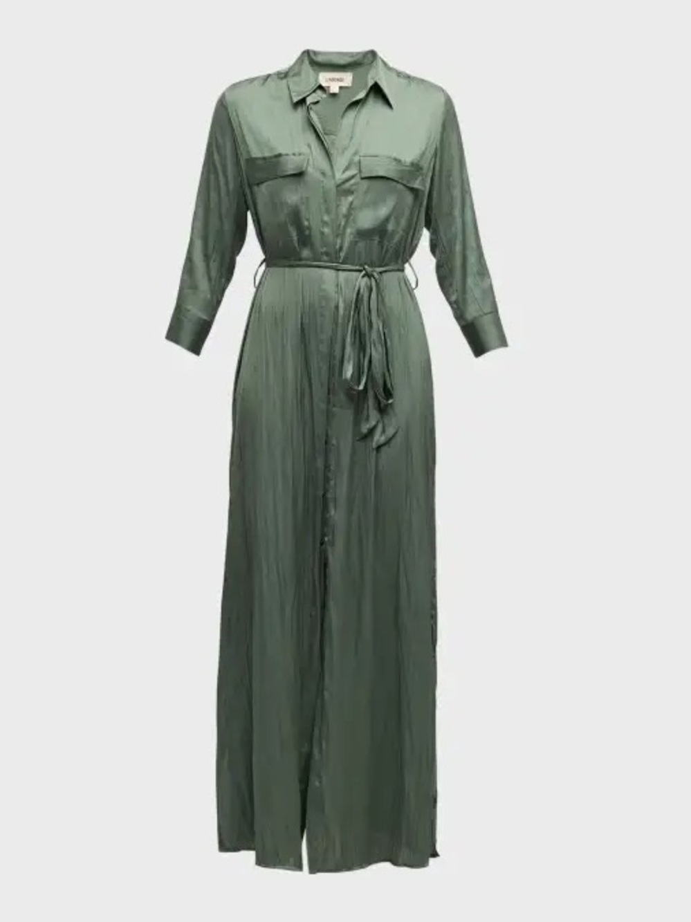 L'AGENCE Olive Green Satin Maxi Shirt Dress with Tie Waist
